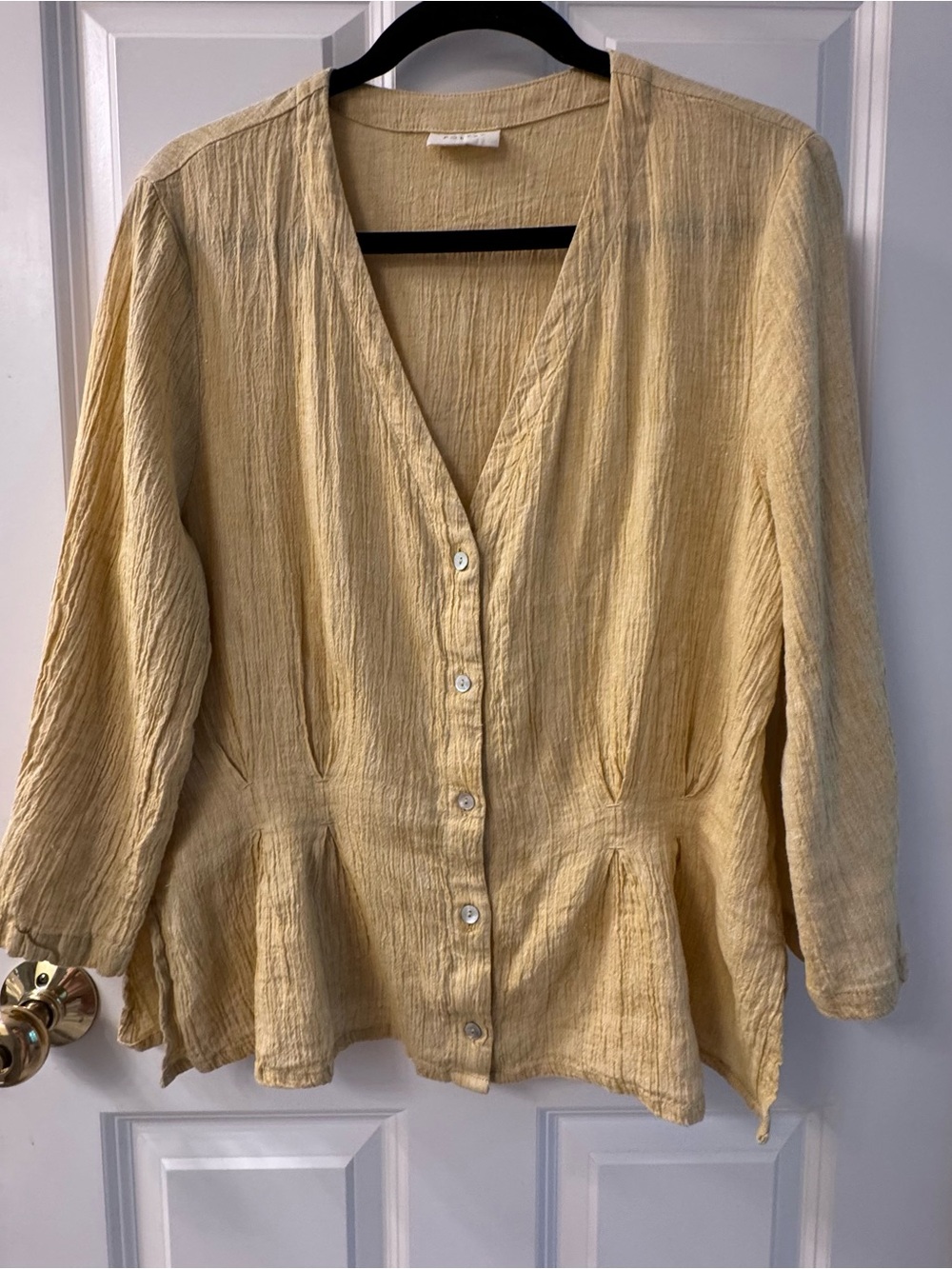 Poetry Golden Flax Color Button-Front Gauze Linen Blouse